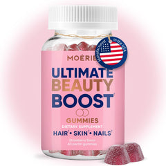 Moerie Hair Skin Nails Gummies bottle on a neutral background