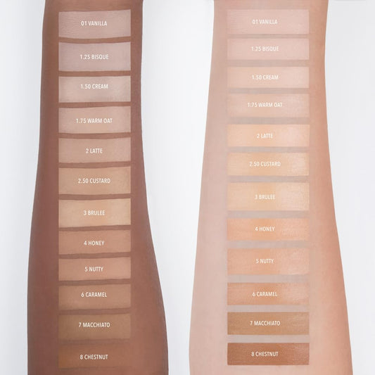 Moira Mega Waterproof Concealer swatches show blendable, natural finish.