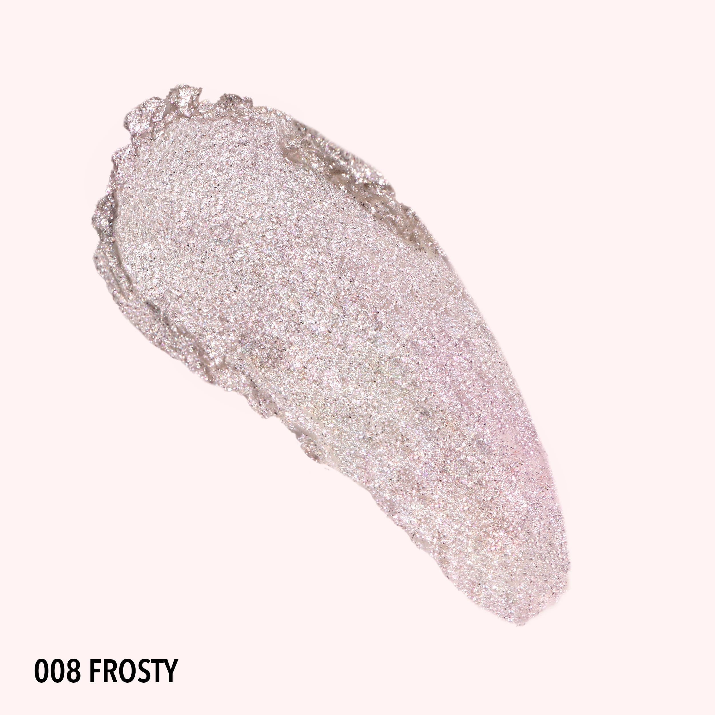 Moira Stellar Glaze Shadow 008 Frosty waterproof swatch demonstrates smudge-resistance for all-day wear