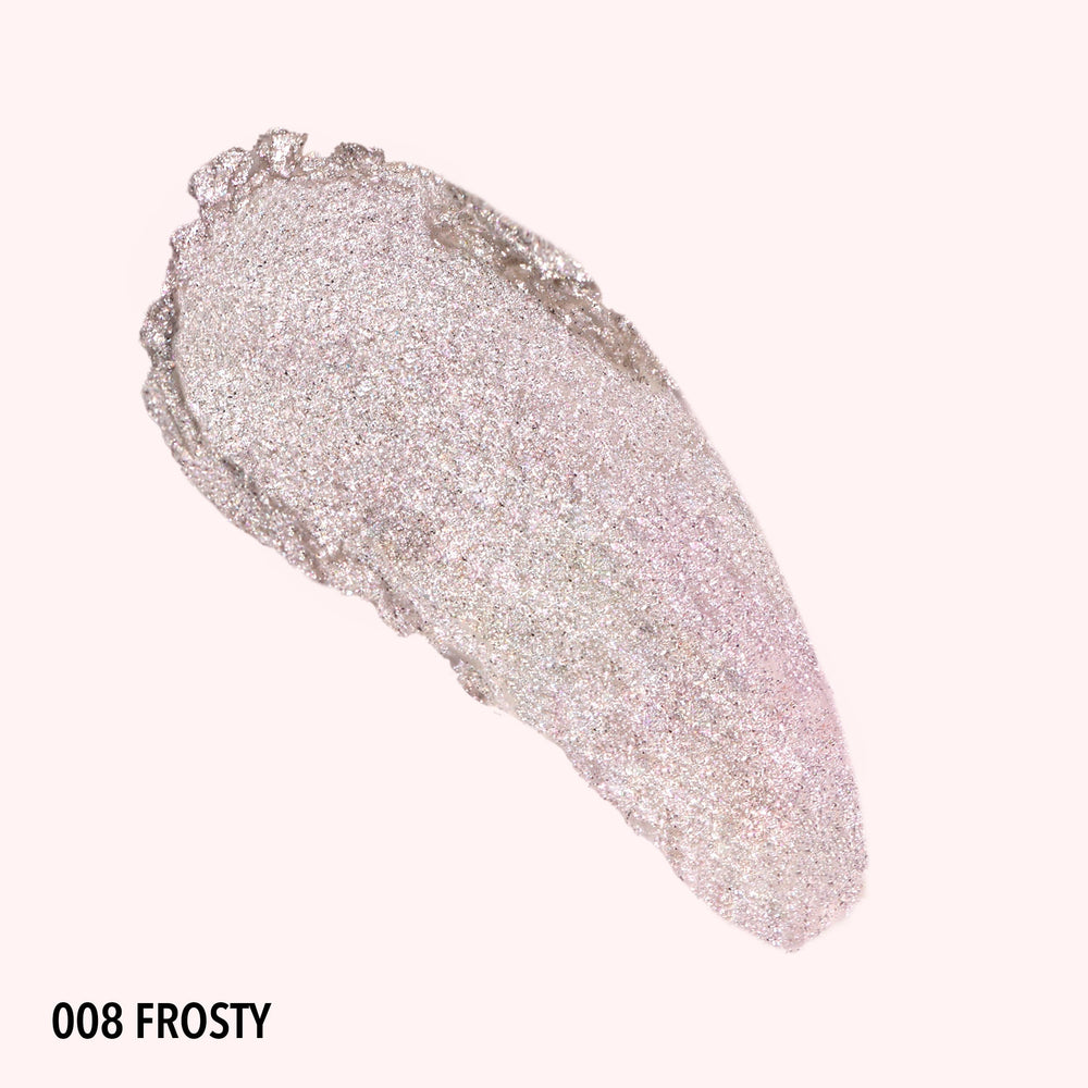 Moira Stellar Glaze Shadow 008 Frosty waterproof swatch demonstrates smudge-resistance for all-day wear