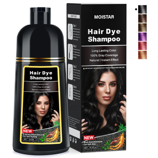 MOISTAR Black Hair Dye Shampoo bottle applying color to gray hair
