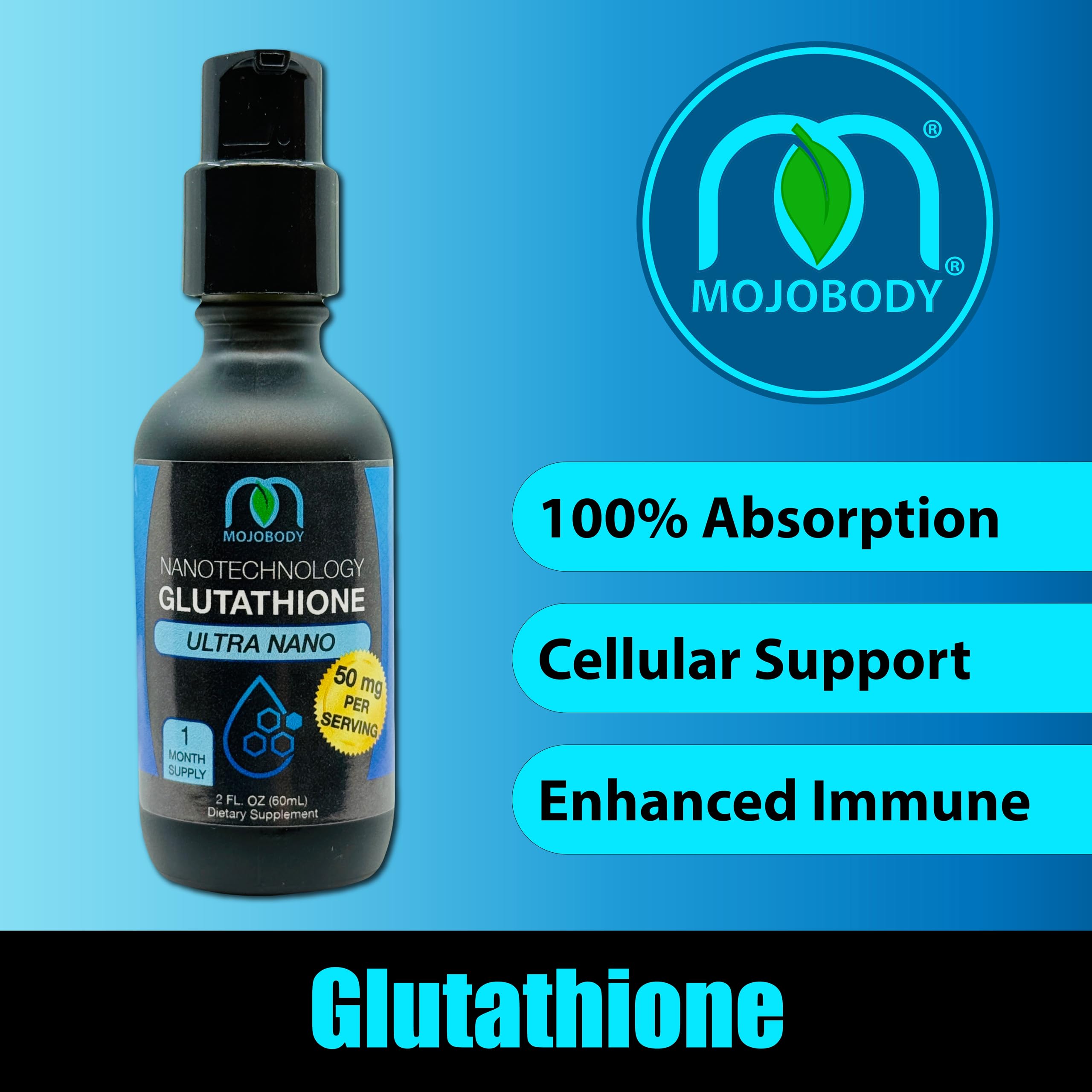 Side view of MOJObody Nano Glutathione 2oz Pump Bottle
