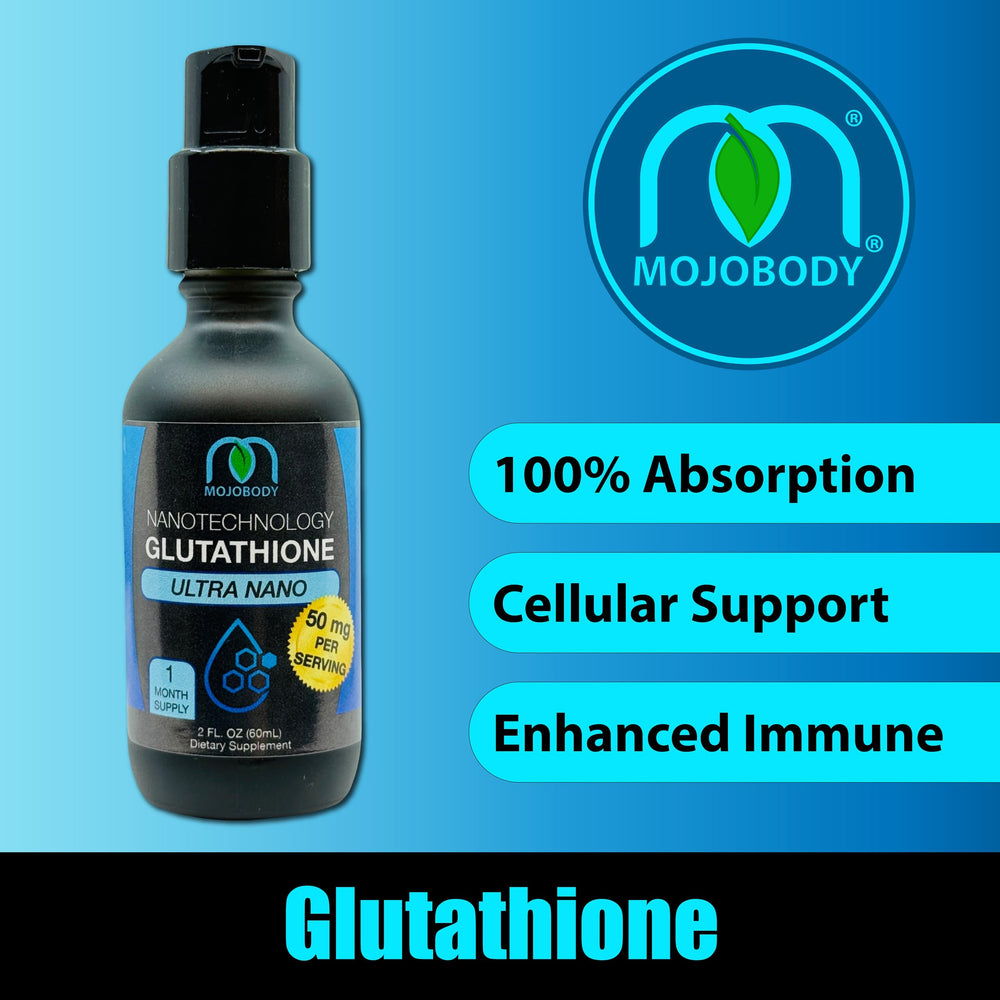 Side view of MOJObody Nano Glutathione 2oz Pump Bottle