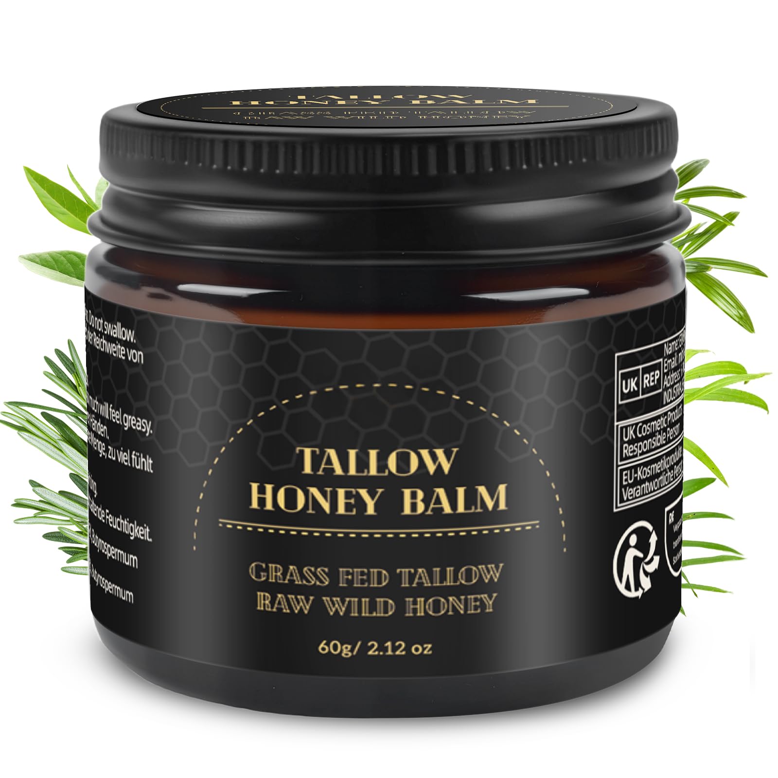 Mokasakiso beef tallow honey balm jar front offering rich hydration for dry skin