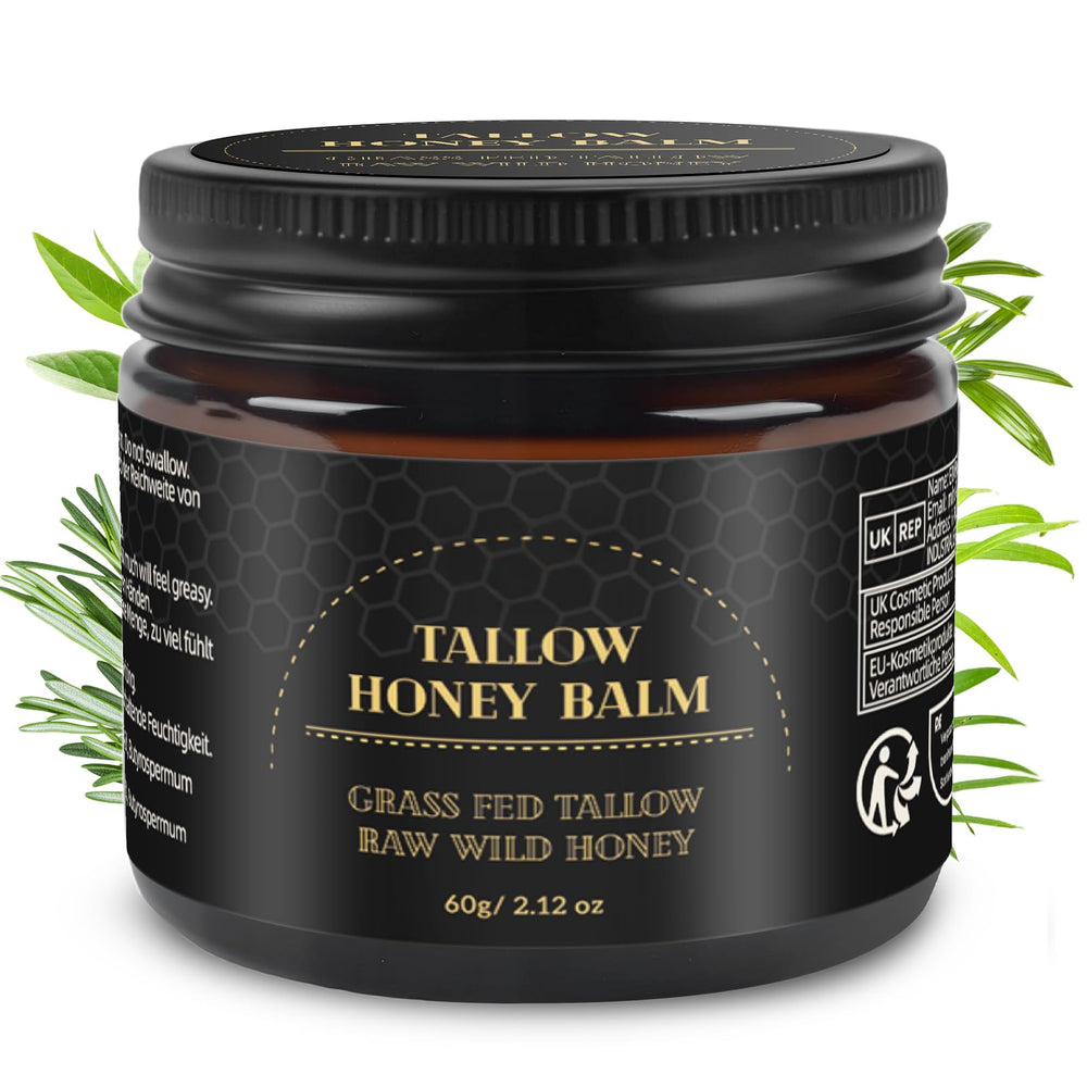Mokasakiso beef tallow honey balm jar front offering rich hydration for dry skin