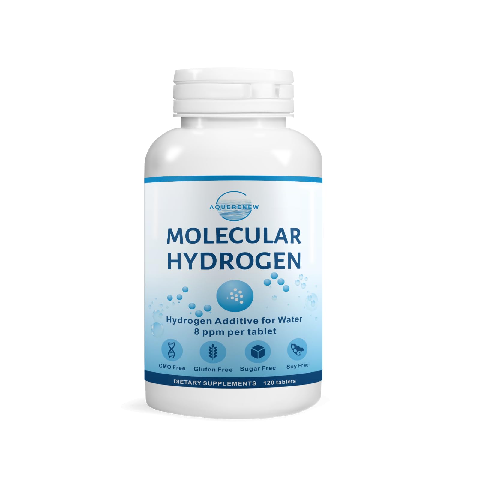 Bottle label: Molecular Hydrogen Tablets, 8 PPM H2, Magnesium-infused, 120 count