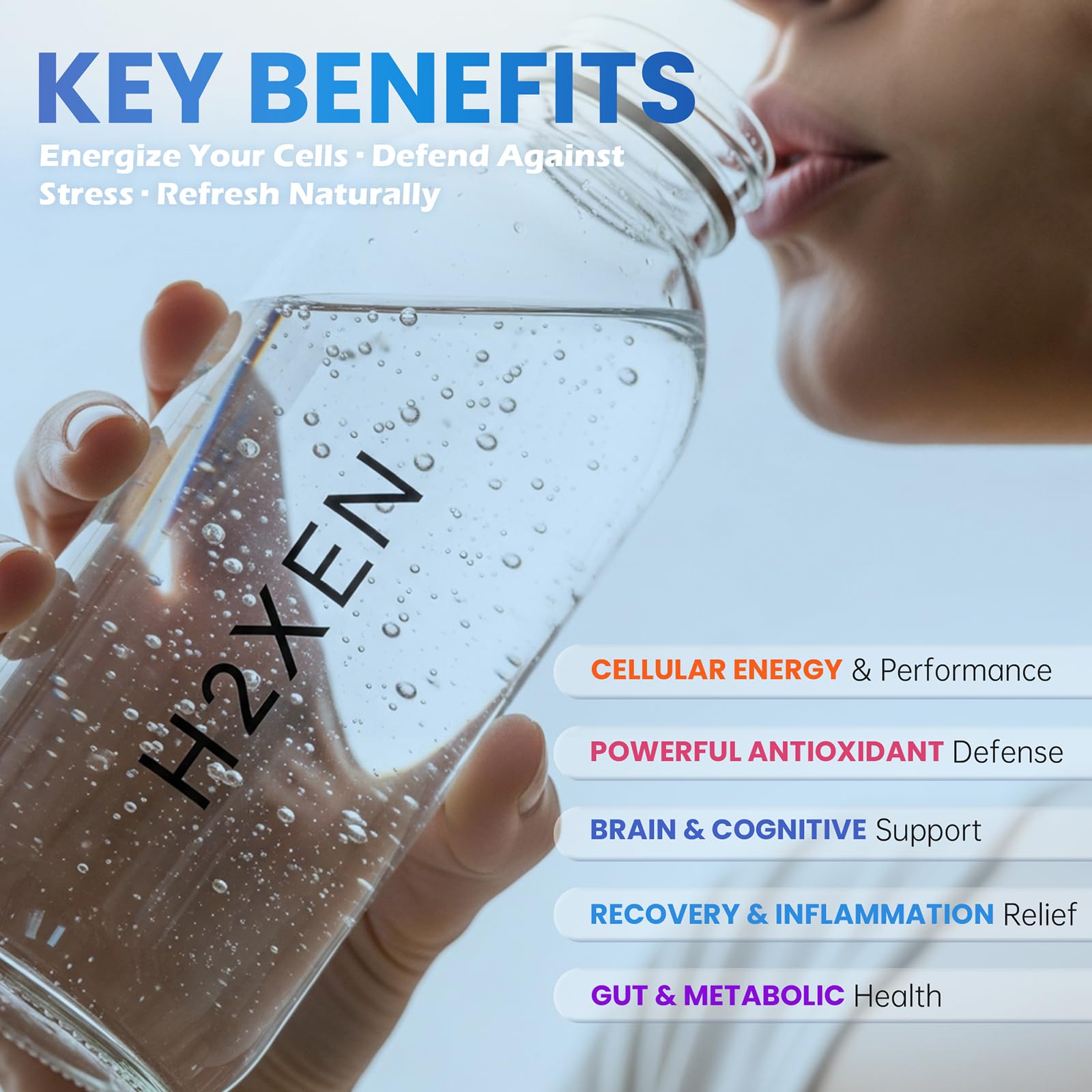 Prepared glass of hydrogen-rich water (480 mL) with tablets