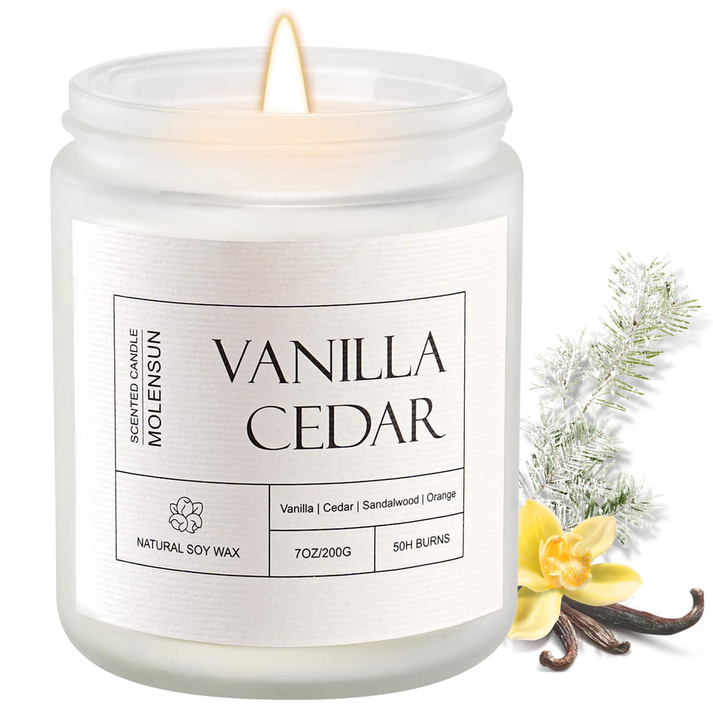 Molensun Vanilla Cedar Candle in a white 7 oz glass jar