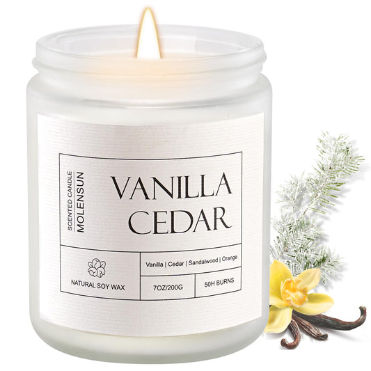 Molensun Vanilla Cedar Candle in a white 7 oz glass jar