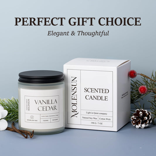 Side view of Molensun Vanilla Cedar Candle in white jar
