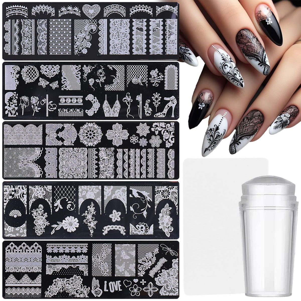 MOLILON lace nail stamping plate set for elegant DIY designs at home.