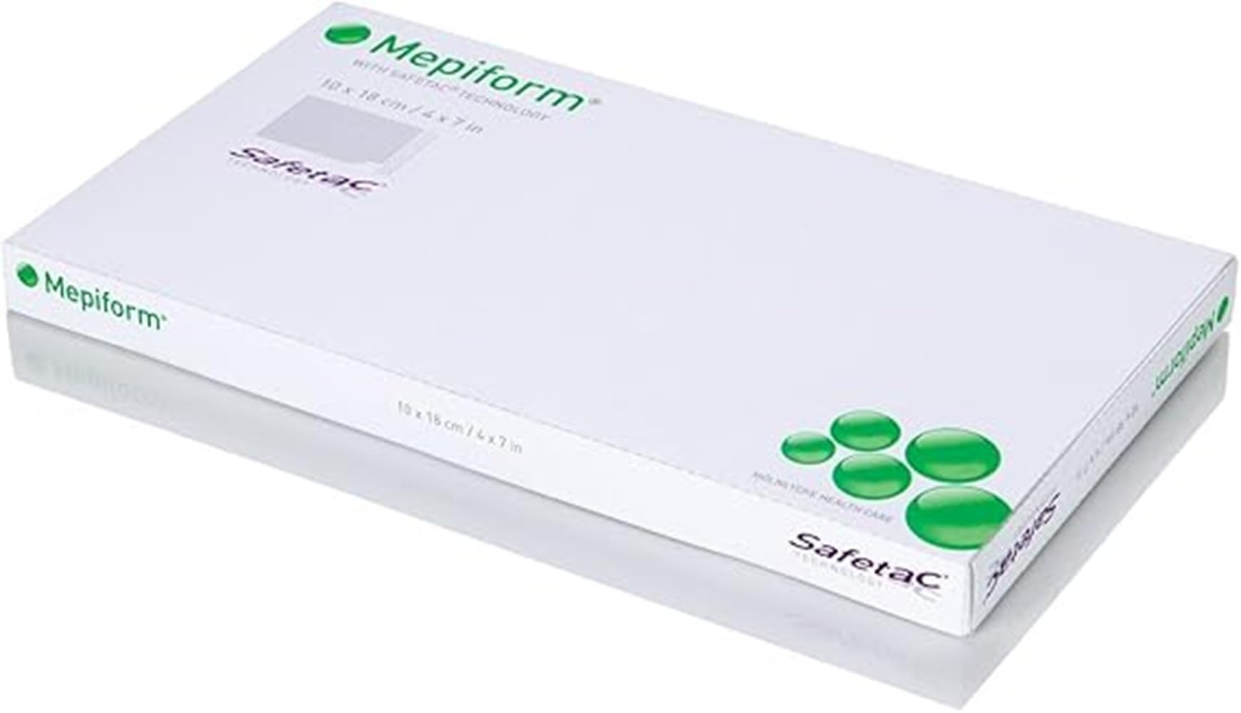 Molnlycke Mepiform Safetac self-adherent silicone dressing shown for scar care and pain-reducing dressing changes.