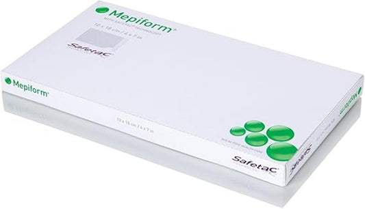 Molnlycke Mepiform Safetac self-adherent silicone dressing shown for scar care and pain-reducing dressing changes.
