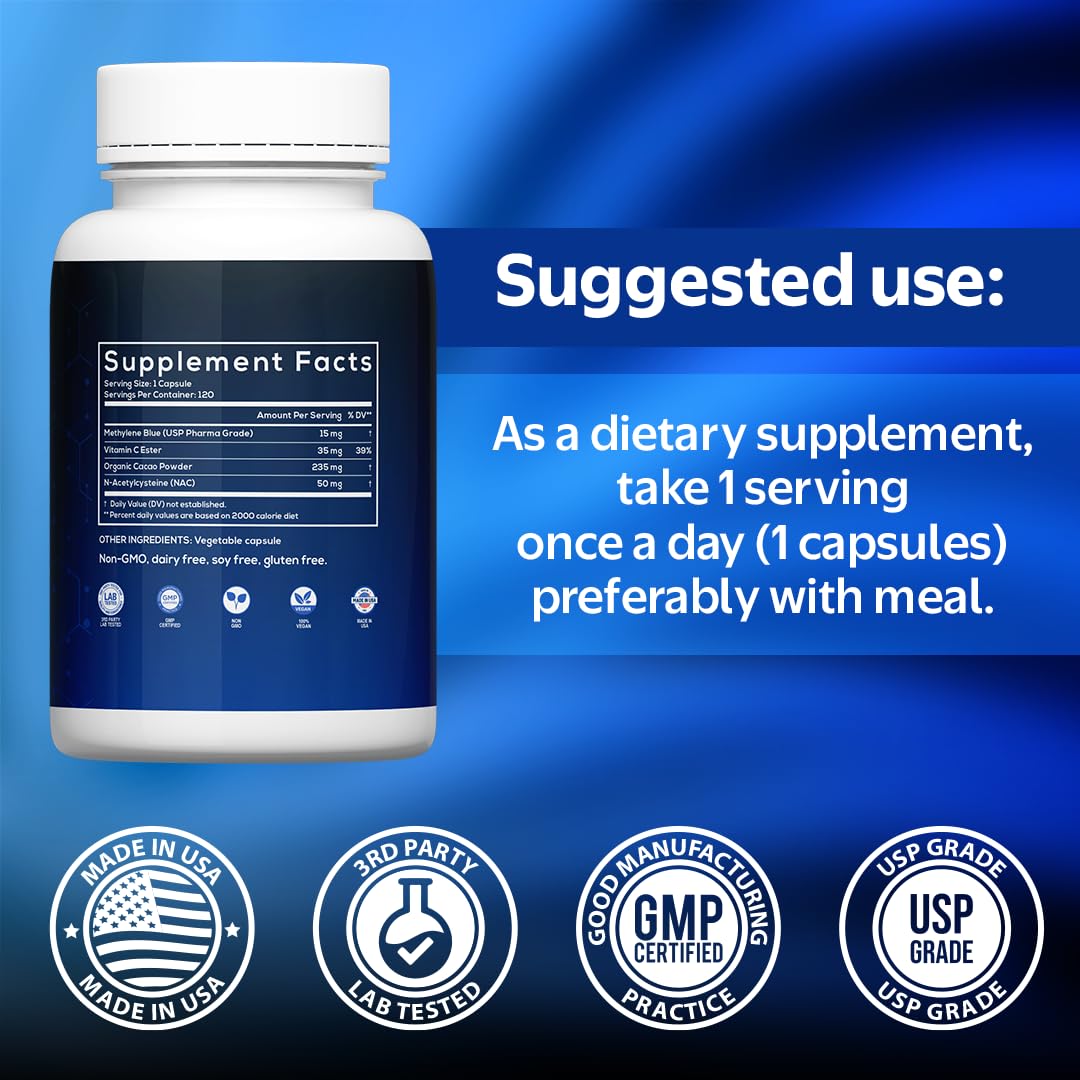 MOM Nutrix Methylene Blue capsules being displayed with 120 count