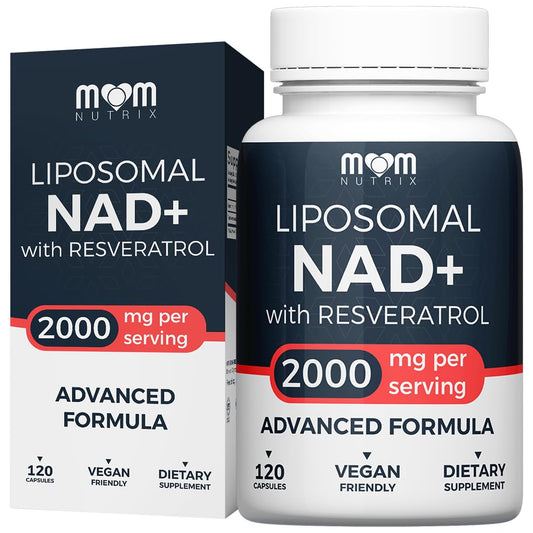 Front view of MOM NUTRIX NAD+ liposomal supplement bottle with Resveratrol