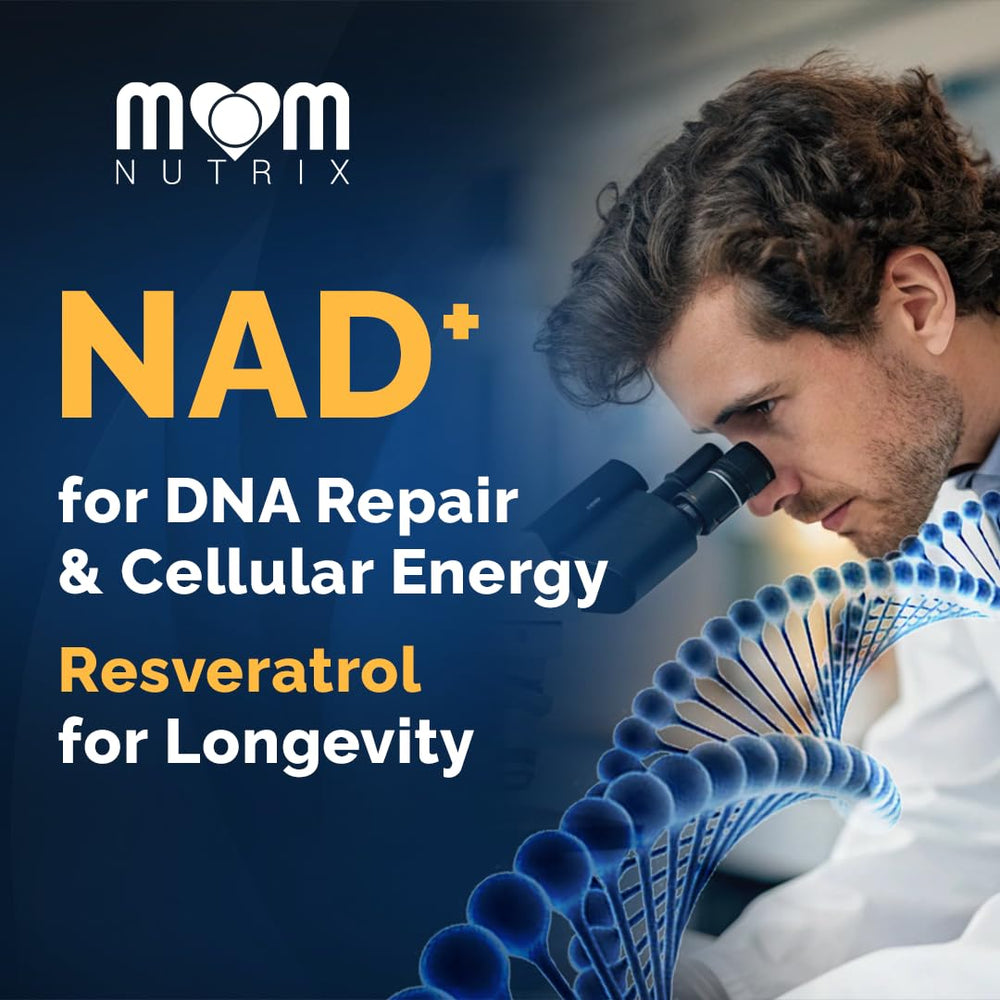 Label close-up showing NAD+ and Resveratrol details for MOM NUTRIX