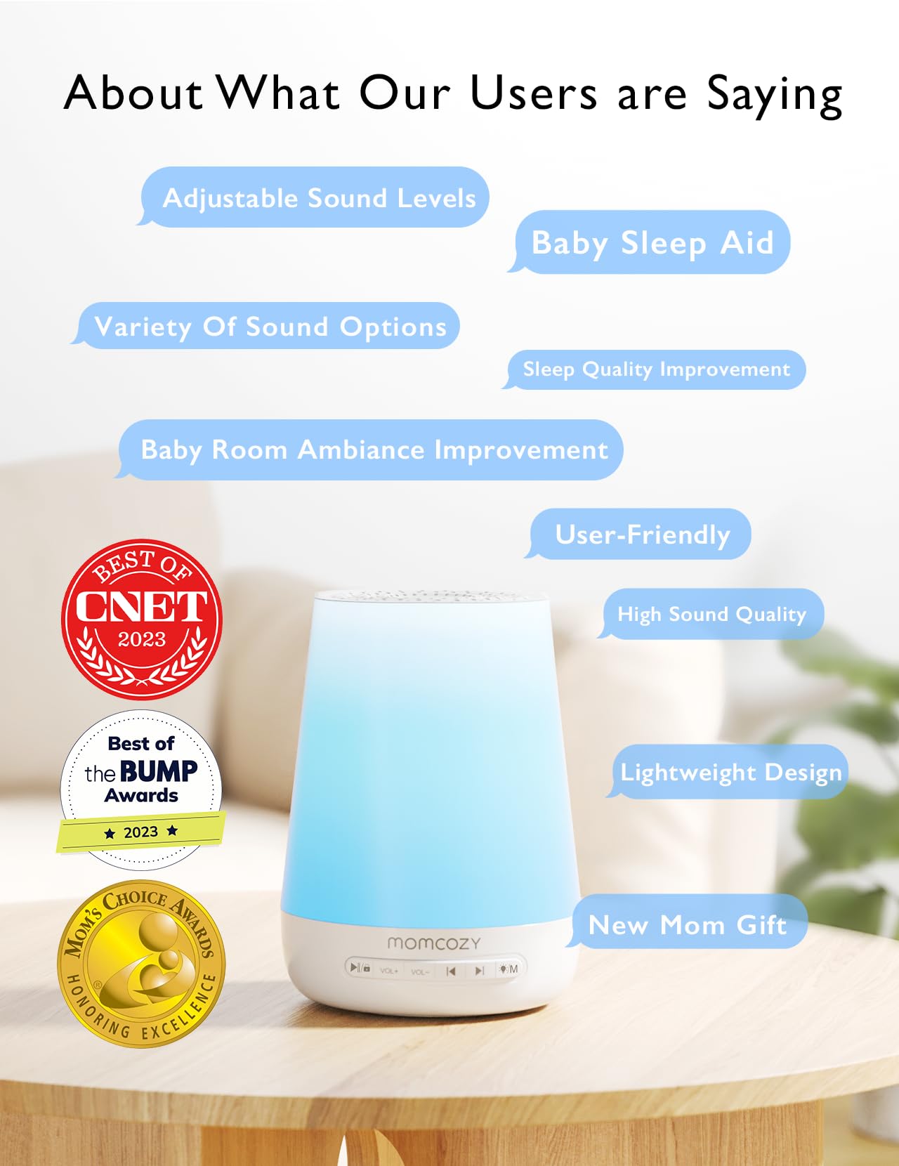 Momcozy baby sound machine blue app control shows remote setup for mom's convenience.