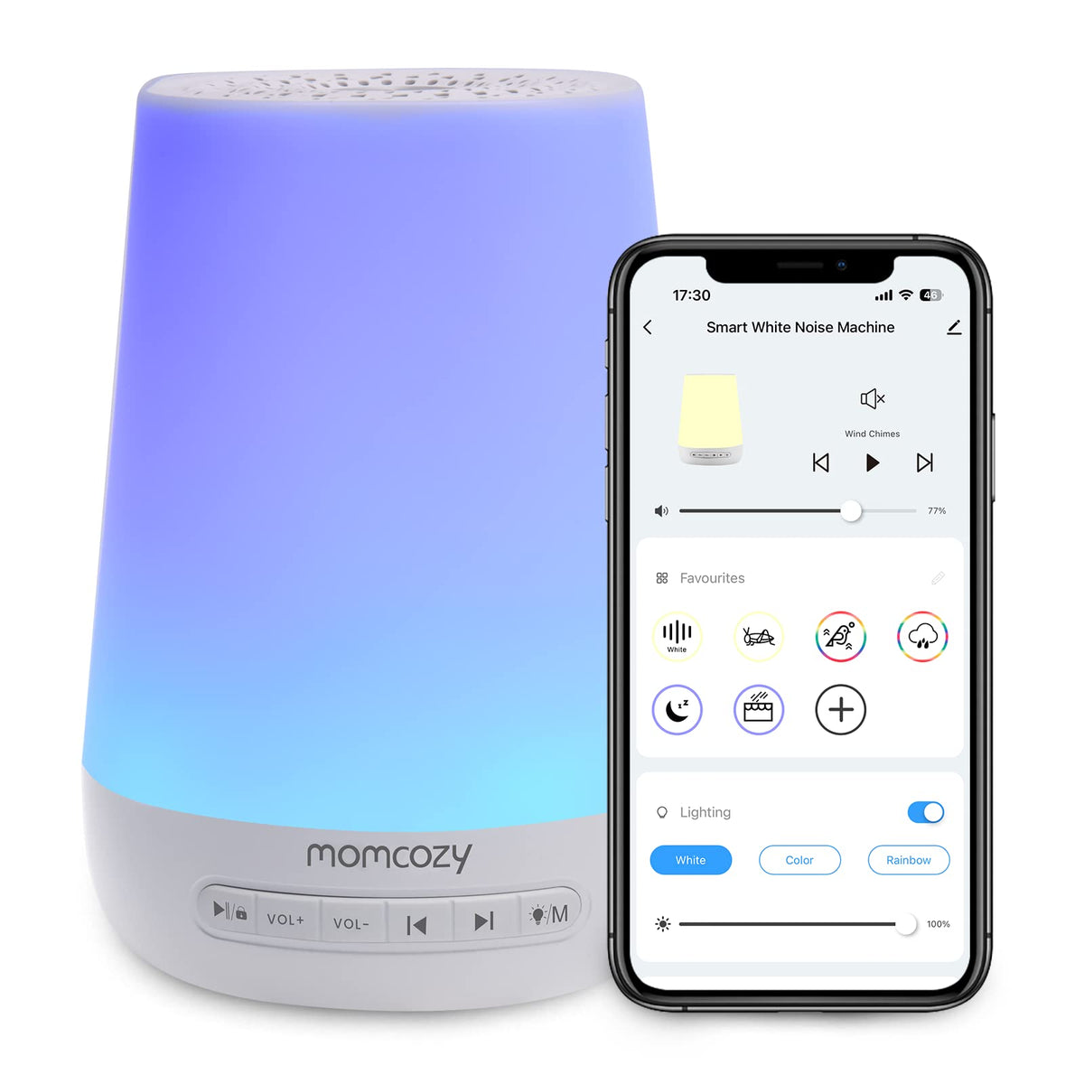 Momcozy baby sound machine blue front view promotes calmer evenings with soothing sounds.