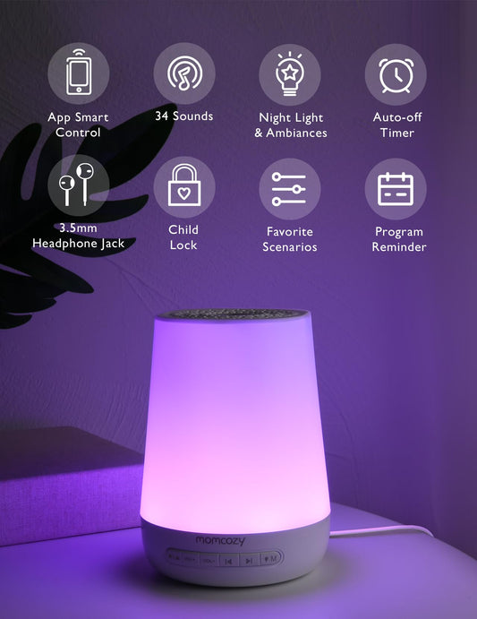 Momcozy baby sound machine blue night light demonstrates gentle illumination for midnight feeds.