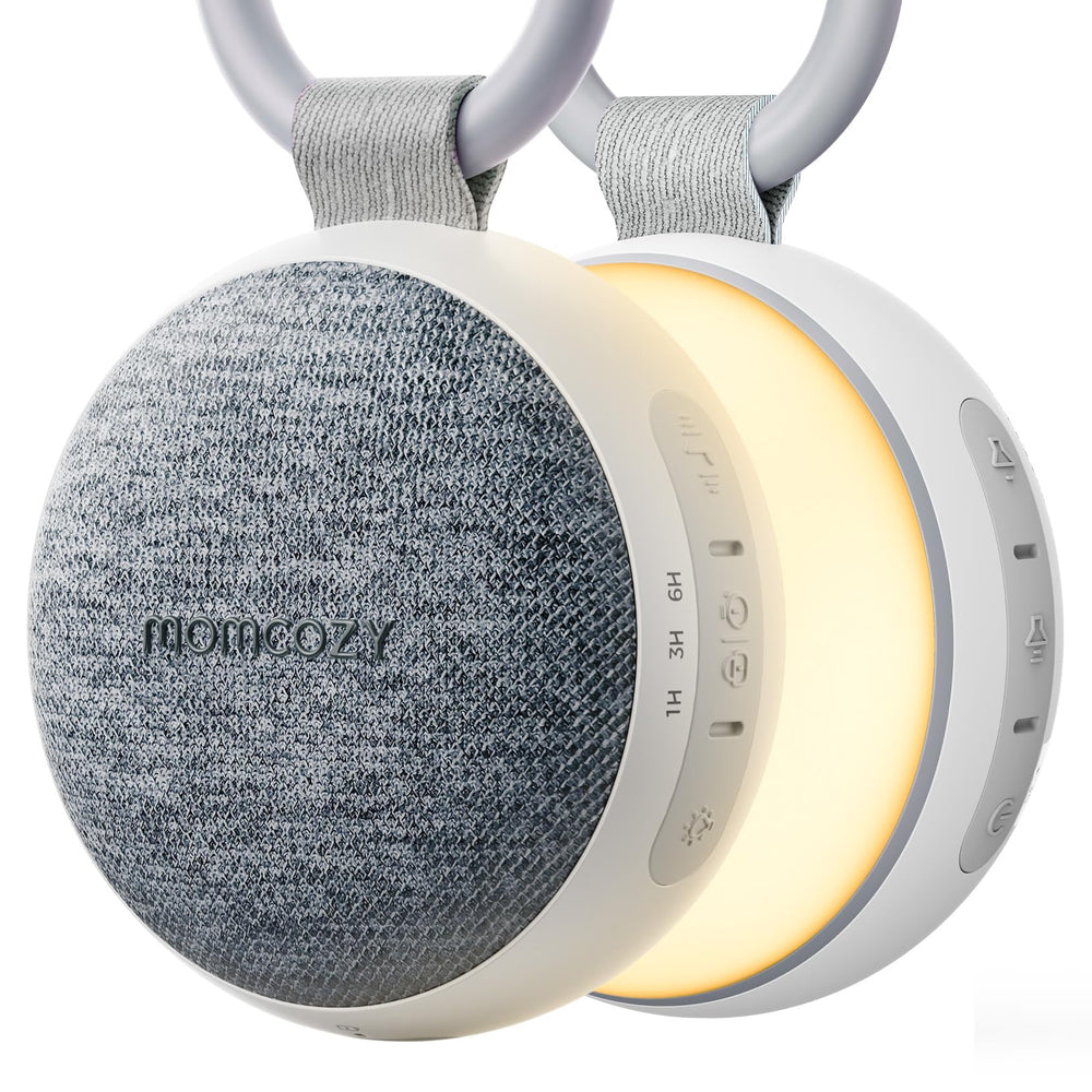 Momcozy grey portable sound machine with night light supports calm baby sleep.