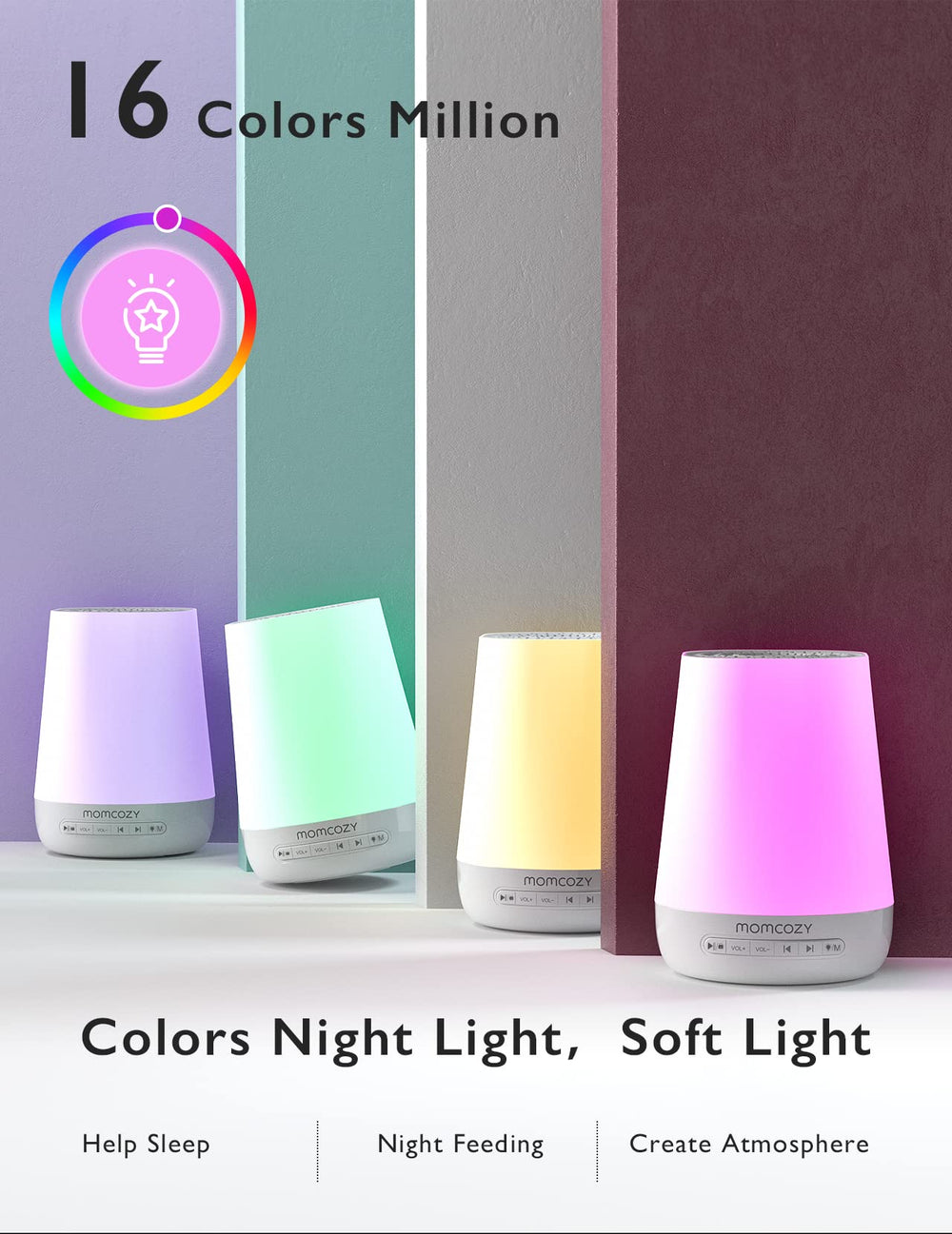 Momcozy sleep routine programs image illustrates automatic schedules for consistent nights.