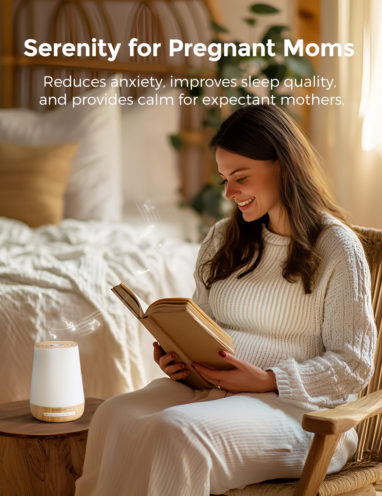 Momcozy 34-sound library icon set showcases diverse white noise, lullabies, and nature options.