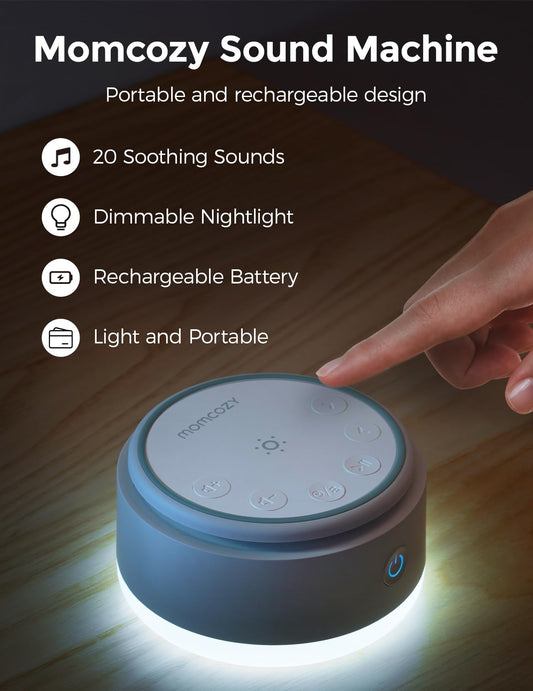 Close up of Momcozy sound machine 20 sounds display for soothing routines