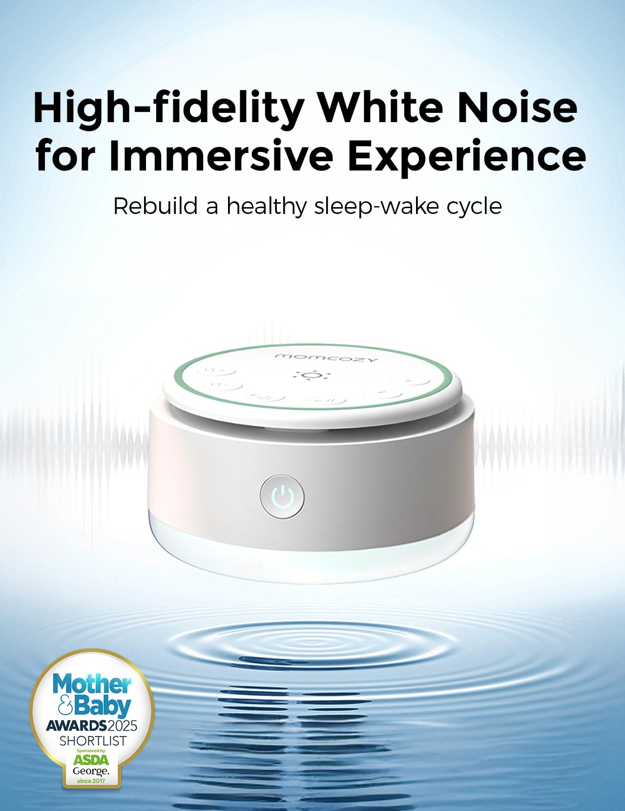 Momcozy sound machine night light glow in a dim nursery ambiance