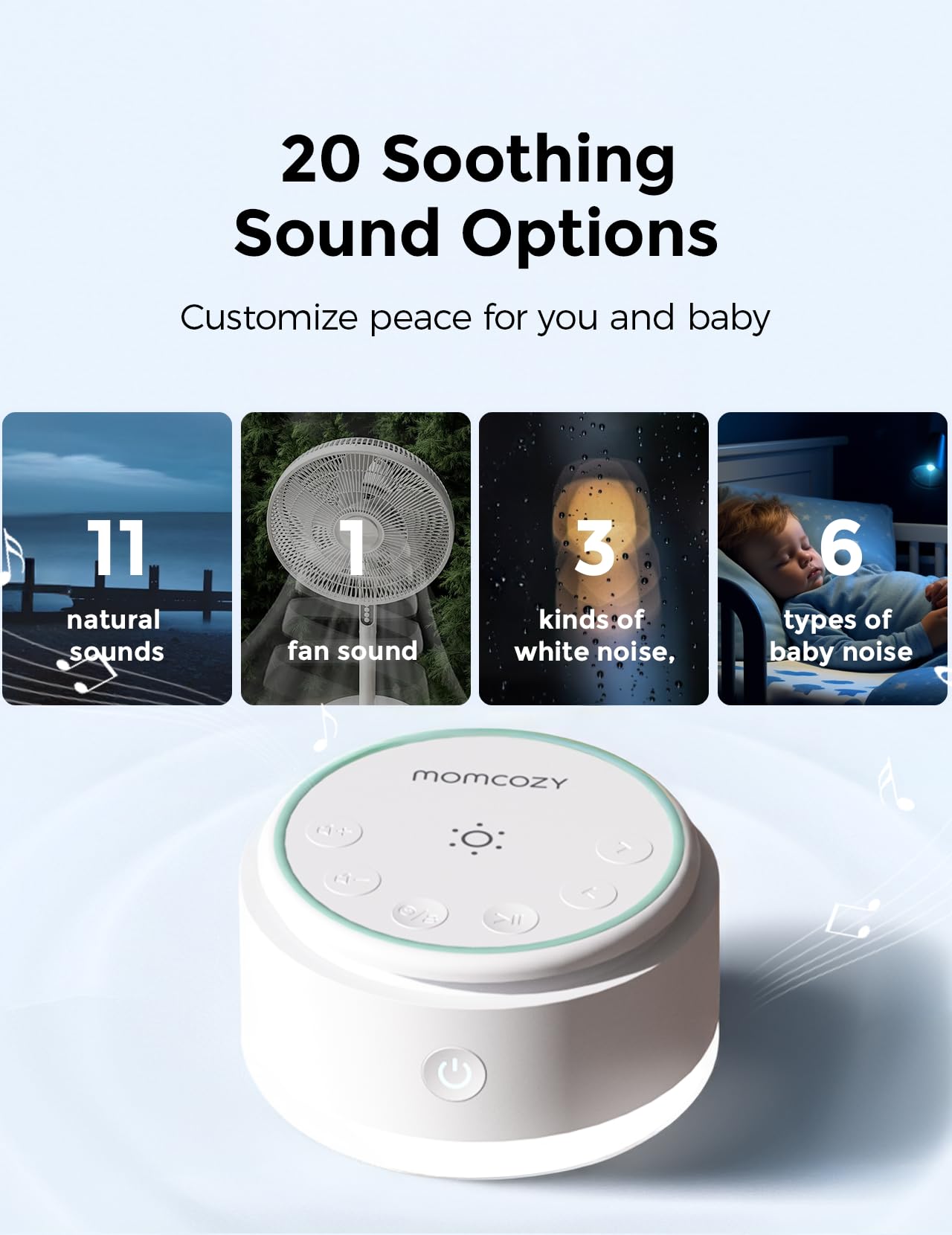 Timer and memory settings panel on Momcozy sound machine for personalized sessions