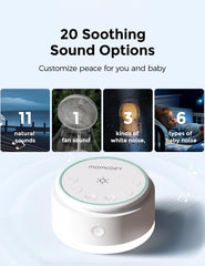 Timer and memory settings panel on Momcozy sound machine for personalized sessions