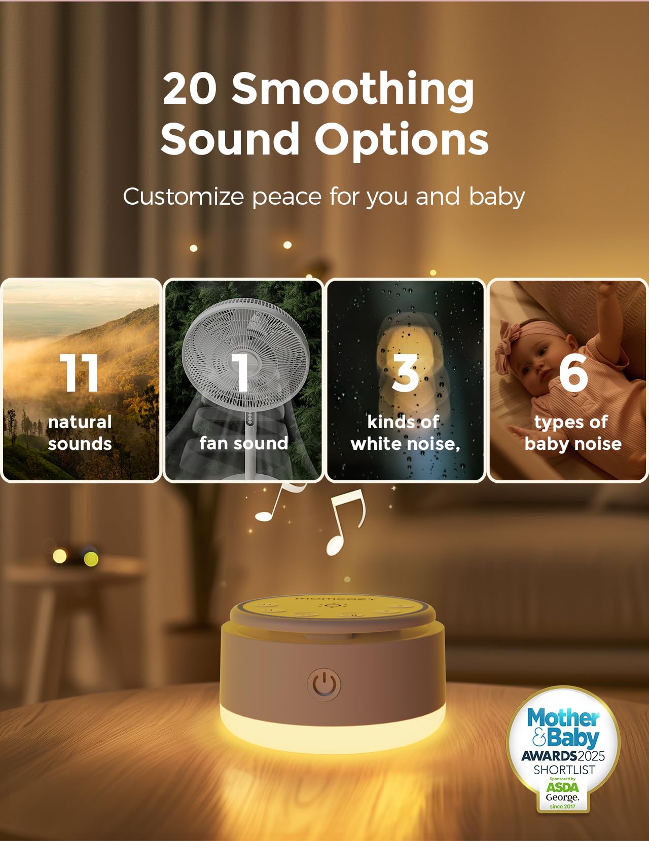 Momcozy touch lamp on demonstrates glow for dusk routine and easy night checks