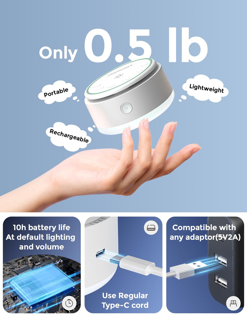 Compact design of Momcozy sound machine ideal for travel and hotel stays