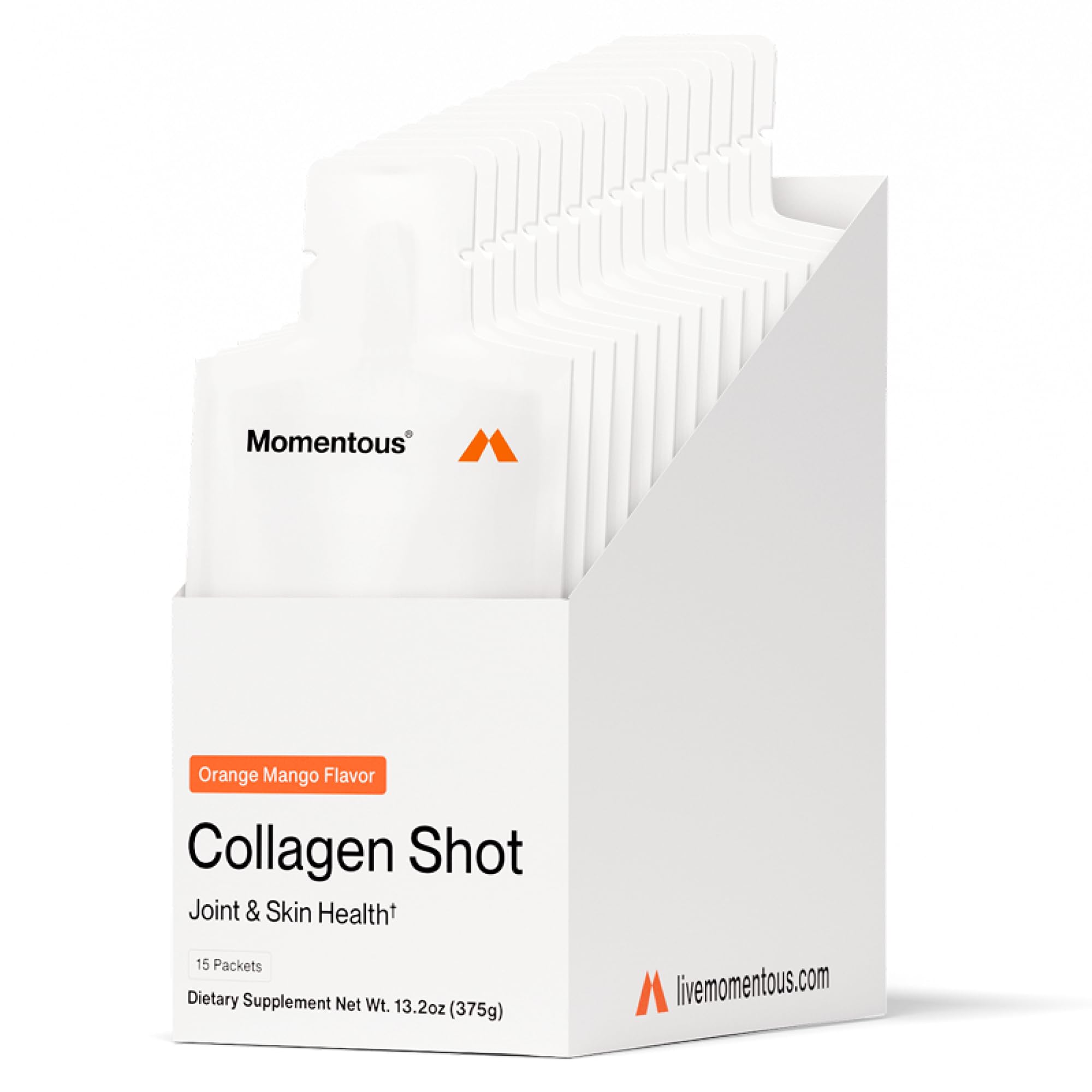 Momentous Collagen Shot orange mango bottle for easy daily refreshment and joint support.