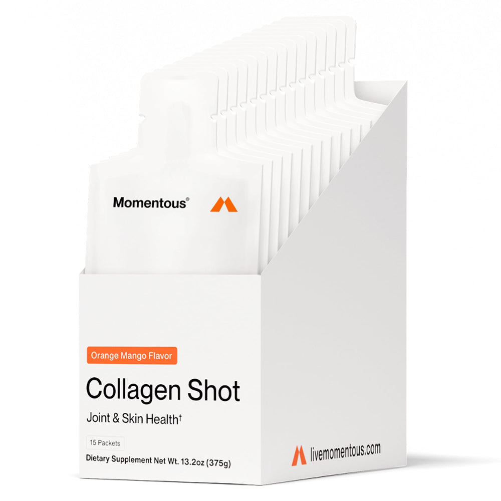 Momentous Collagen Shot orange mango bottle for easy daily refreshment and joint support.
