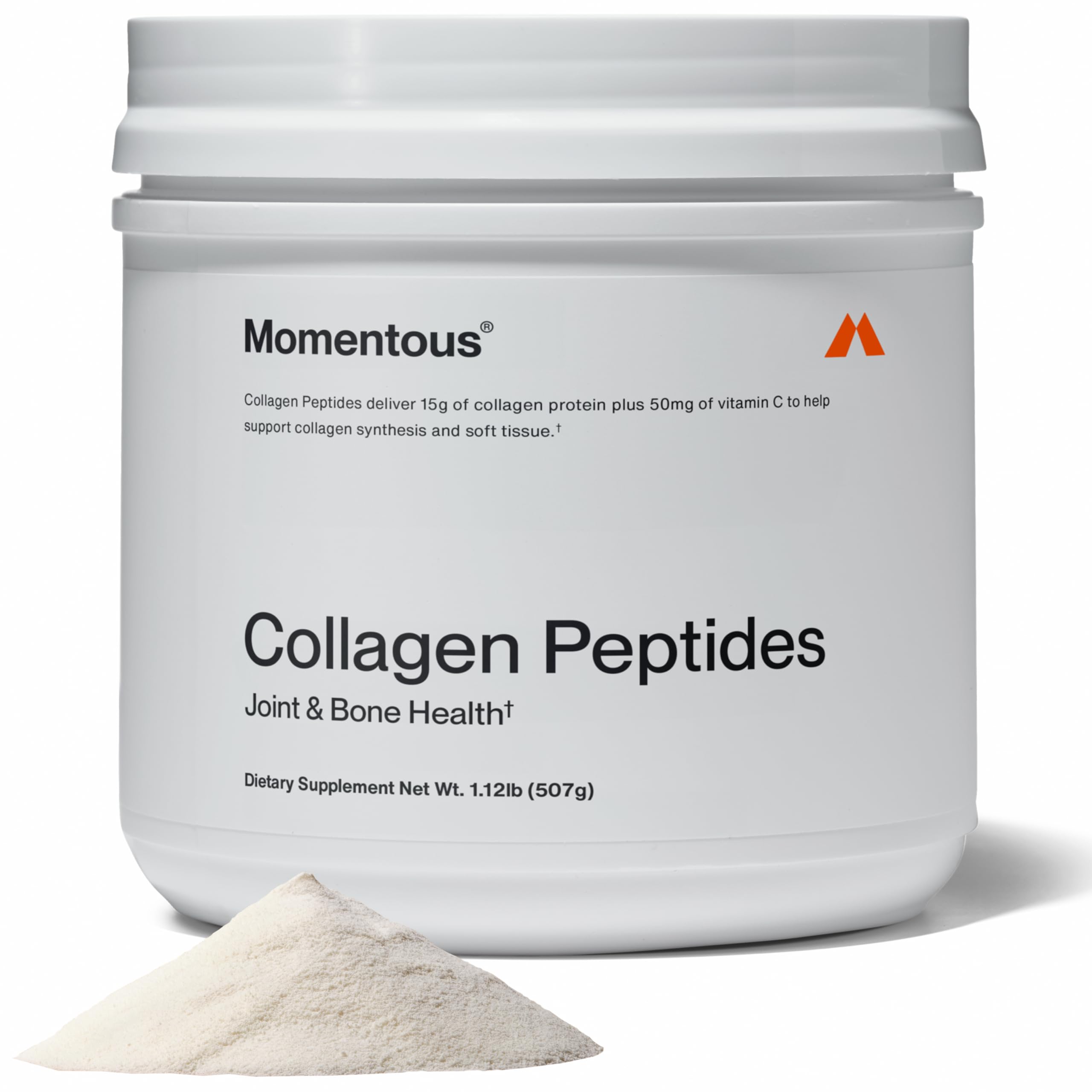 Momentous Grass-Fed Collagen Powder bottle signals daily joint and skin support.