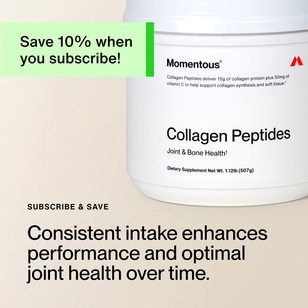 Momentous collagen powder shown blending into a glass with a smooth texture.