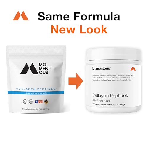 Momentous collagen powder scoop beside the jar for easy daily dosing.