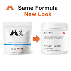 Momentous collagen powder scoop beside the jar for easy daily dosing.