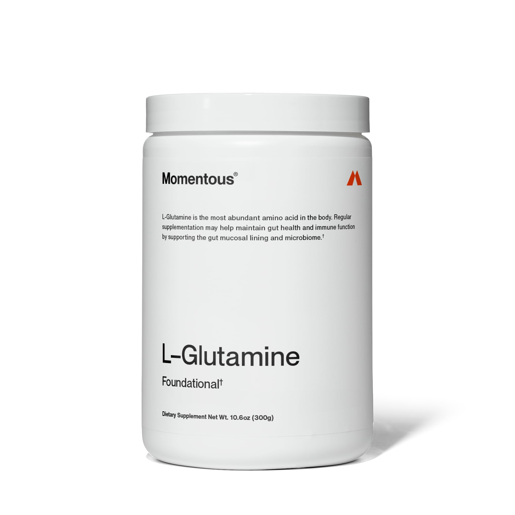 Momentous L-Glutamine Powder bottle showing premium supplement for digestive support and recovery