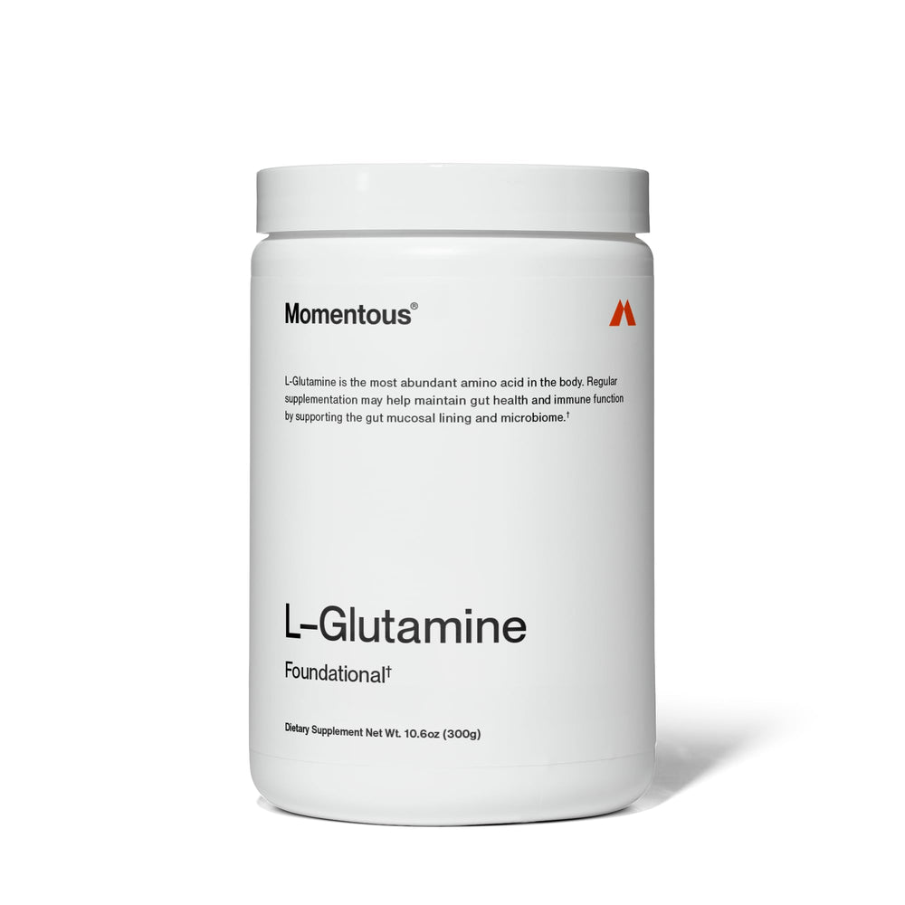 Momentous L-Glutamine Powder bottle showing premium supplement for digestive support and recovery