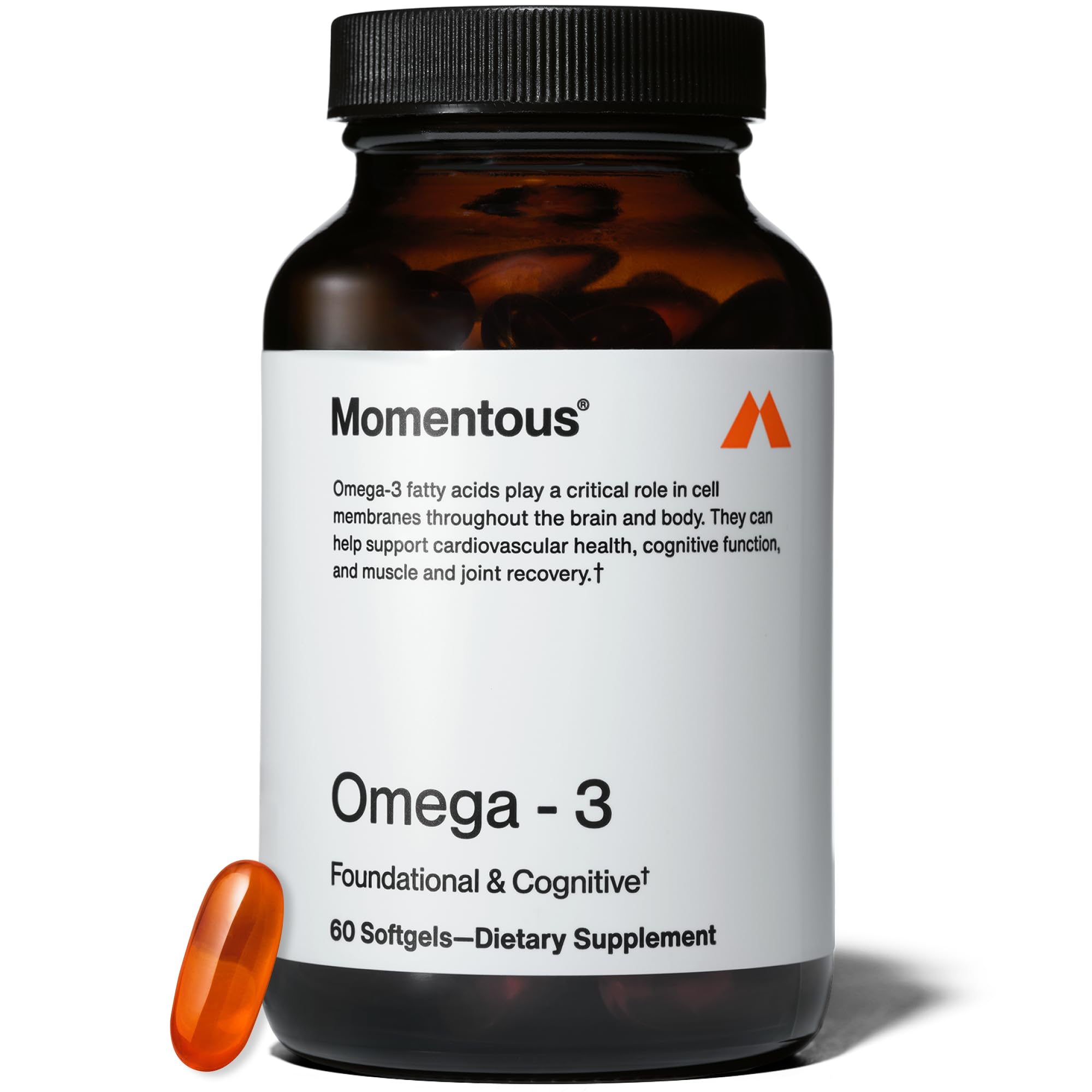 Momentous Omega-3 Fish Oil bottle showing 1,600 mg EPA and DHA for heart and brain support.