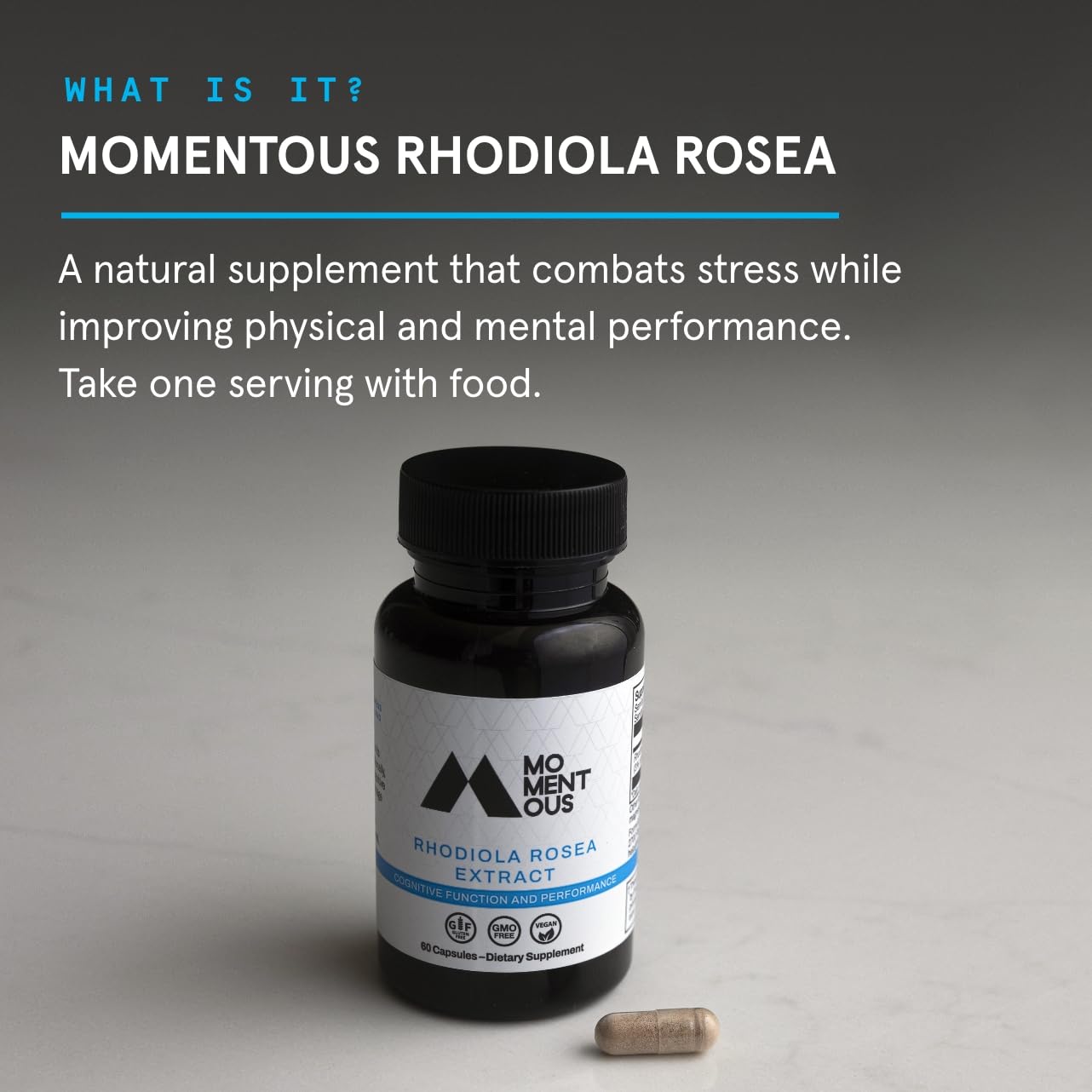 Capsules and bottle showing dosage