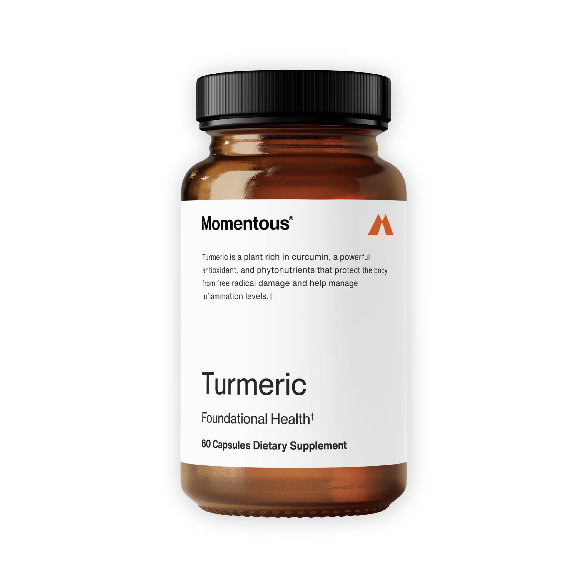 Momentous Turmeric bottle label highlighting Meriva phytosome for enhanced absorption