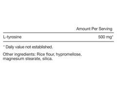 Close-up of Tyrosine capsule label highlighting L-tyrosine