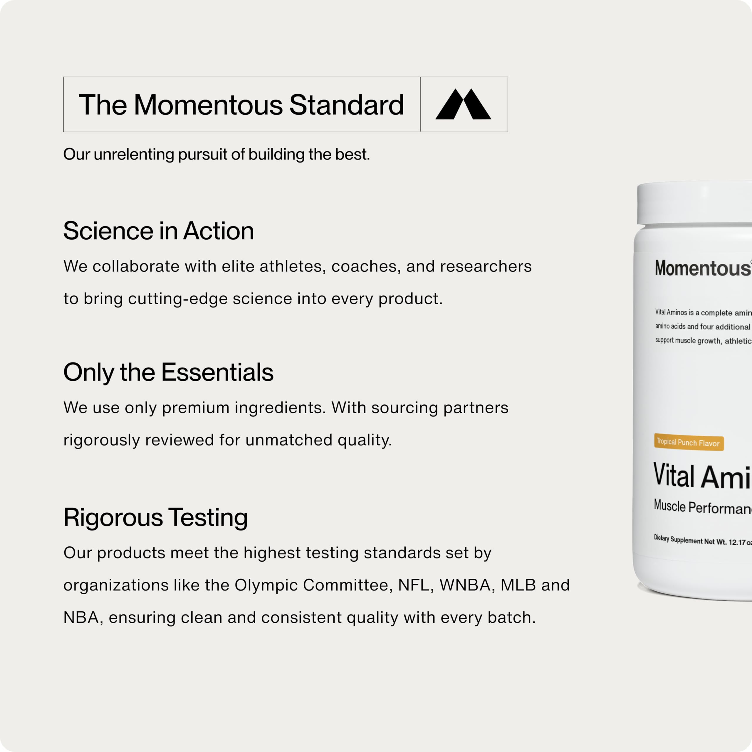Momentous Vital Aminos nutrition label detailing protein content