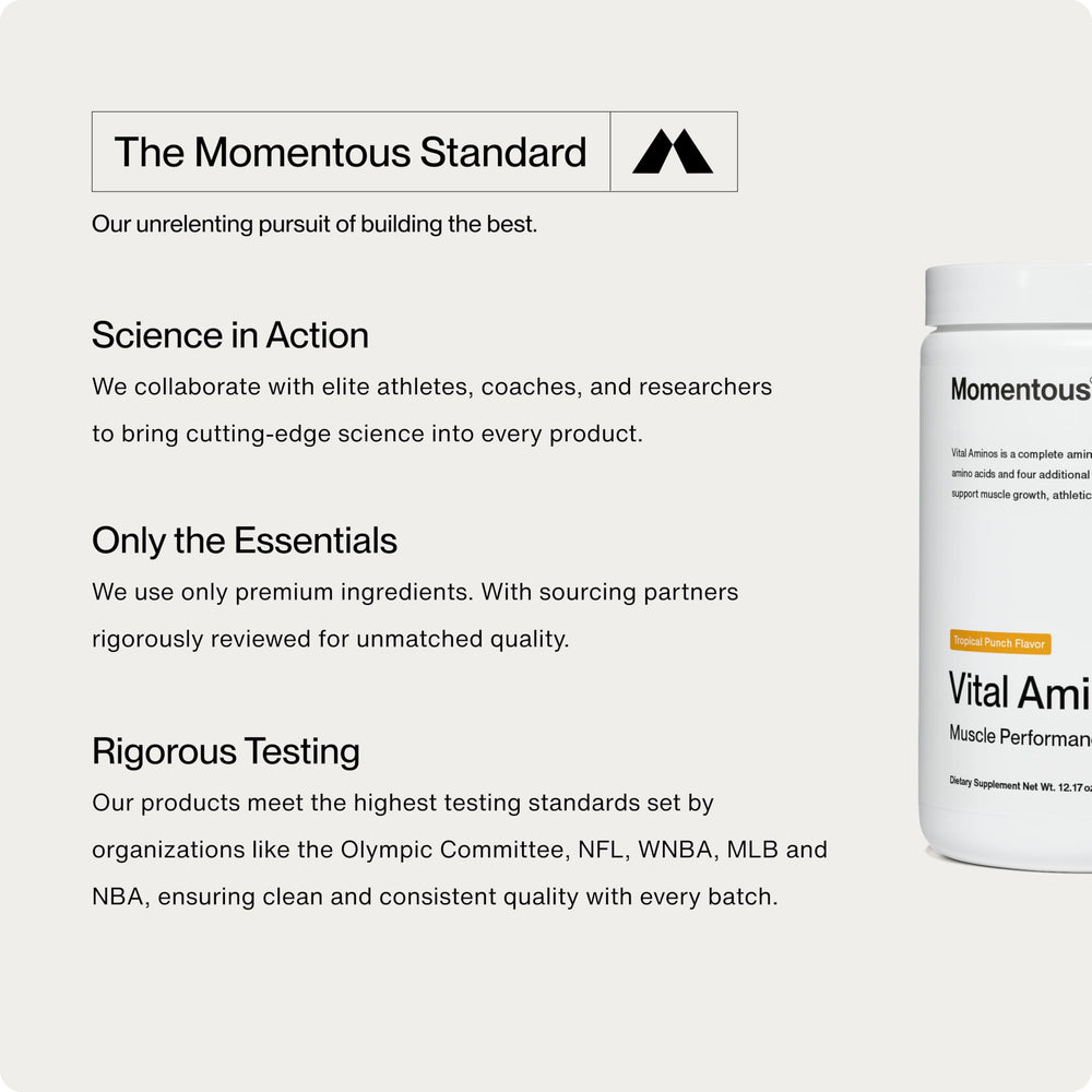 Momentous Vital Aminos nutrition label detailing protein content
