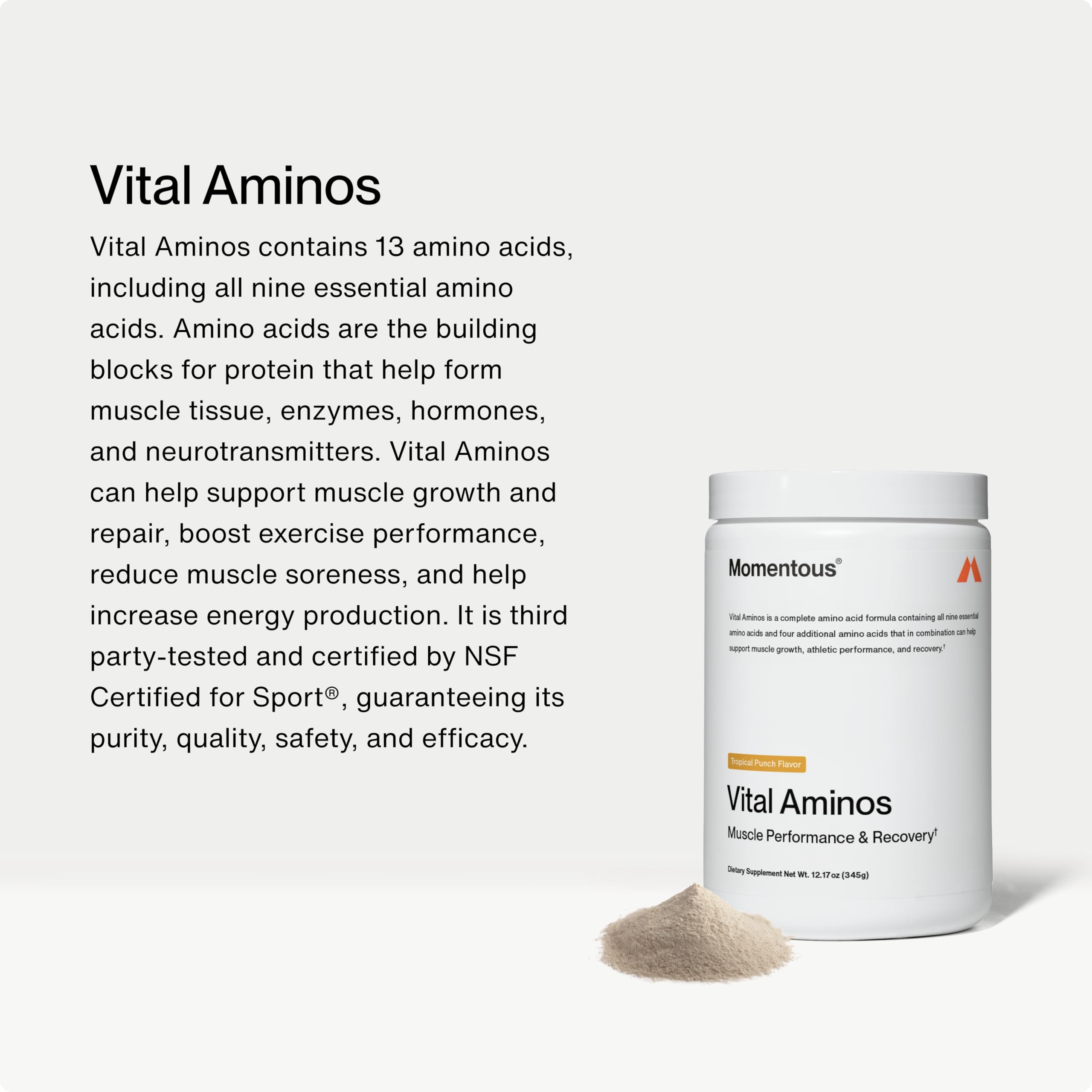Ingredients chart for Vital Aminos showing 13 amino acids