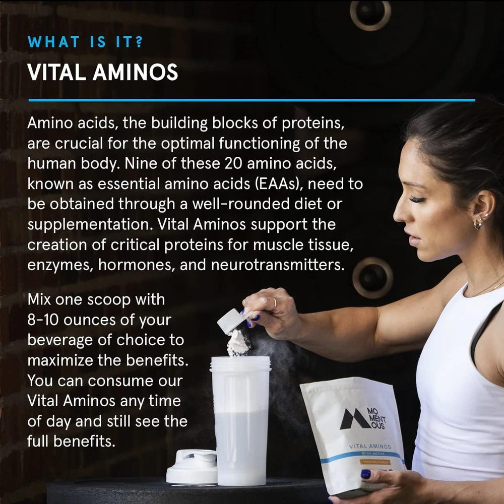 Momentous Vital Aminos Tropical Punch bottle side with NSF label