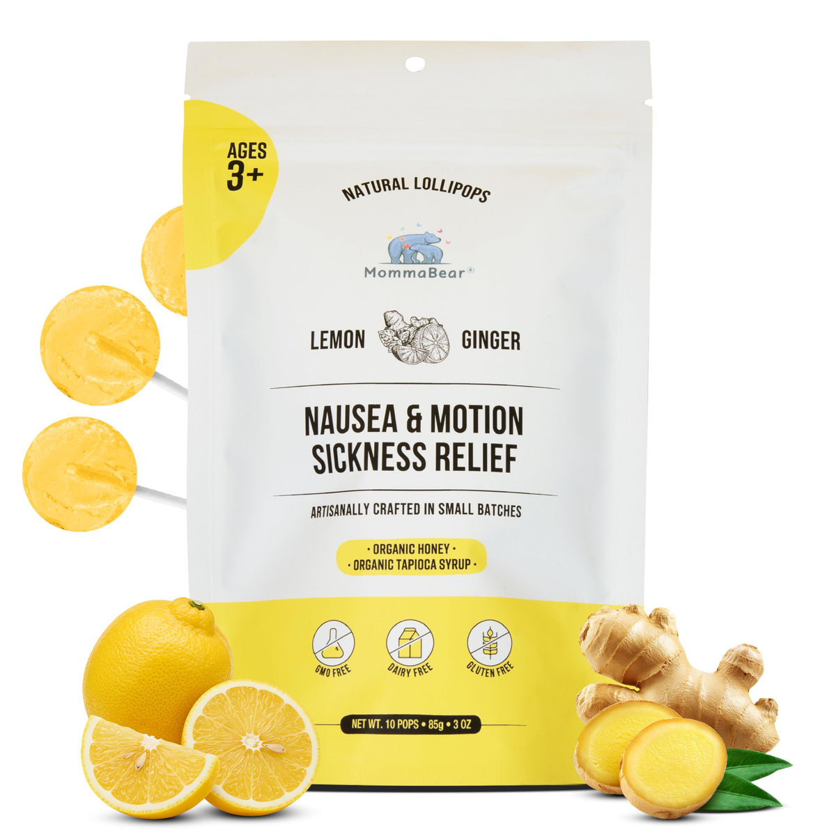 MommaBear Nausea Lollipops packaging closeup shows freshness seal for on-the-go relief.