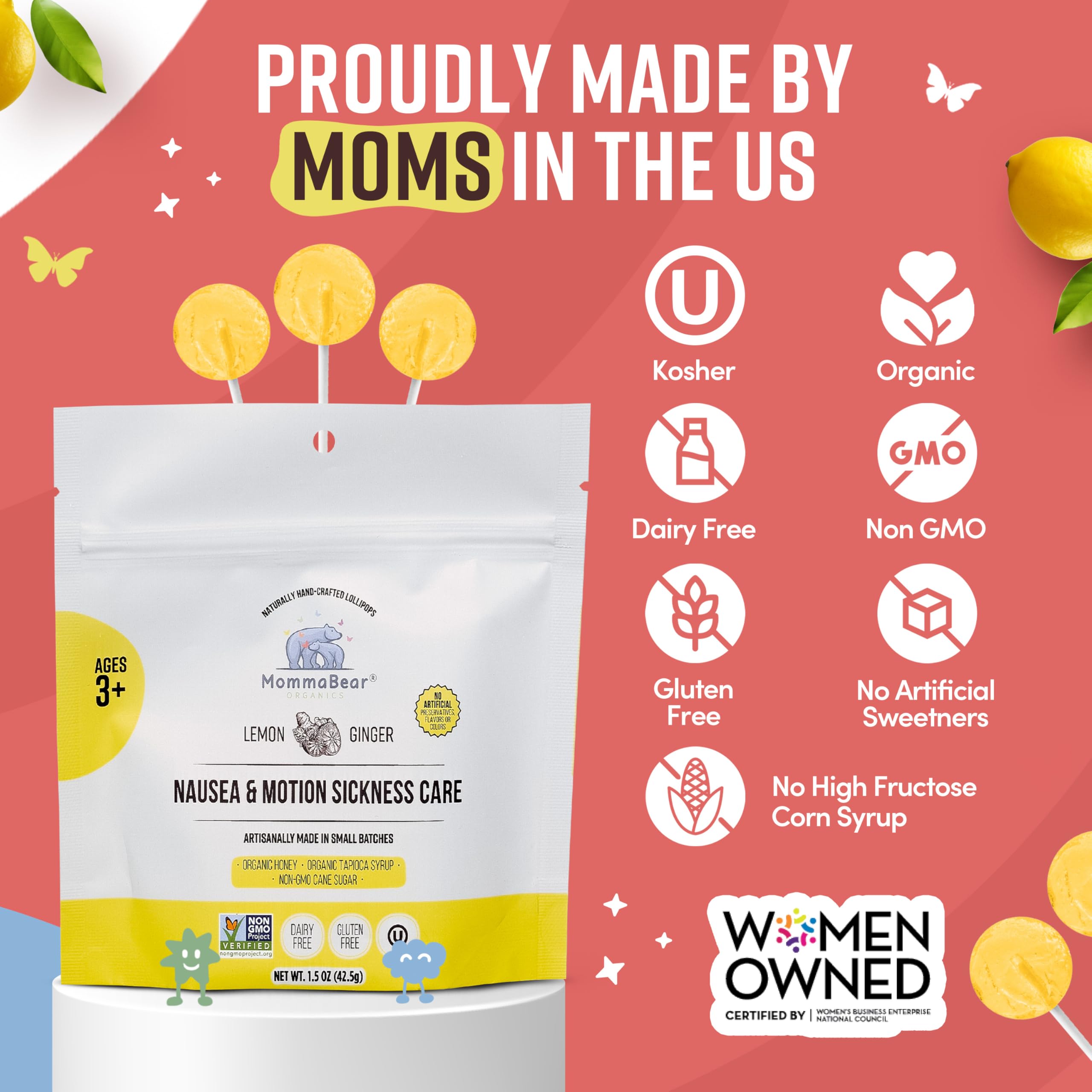 MommaBear travel-ready lollipops shown in compact pack for trips.
